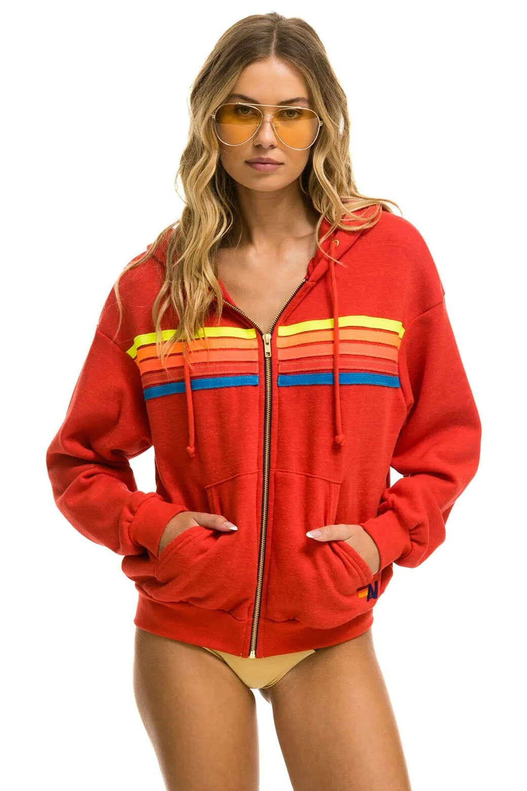 Aviator Nation 5 Stripe Relaxed Zip Hoodie Red Neon Rainbow