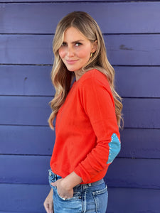 Kerri Rosenthal Orange Cashmere Sweater w/ Blue Heart Patches