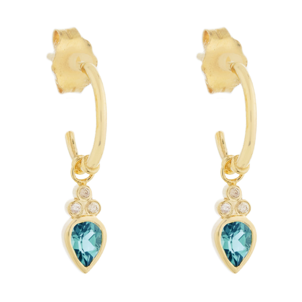 Celine Daoust 14k Gold Blue Pear Tourmaline Diamond Hoop Earrings