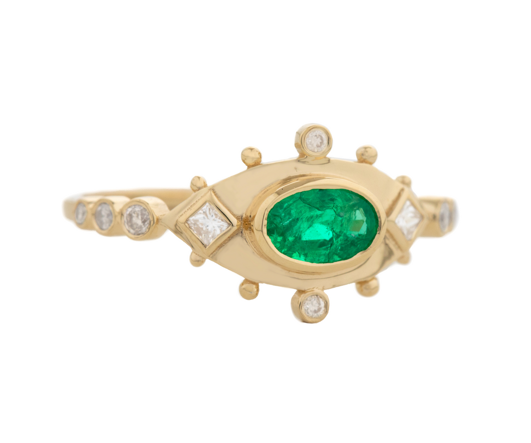 Celine Daoust 14k Gold Emerald & Diamond Eyes Ring
