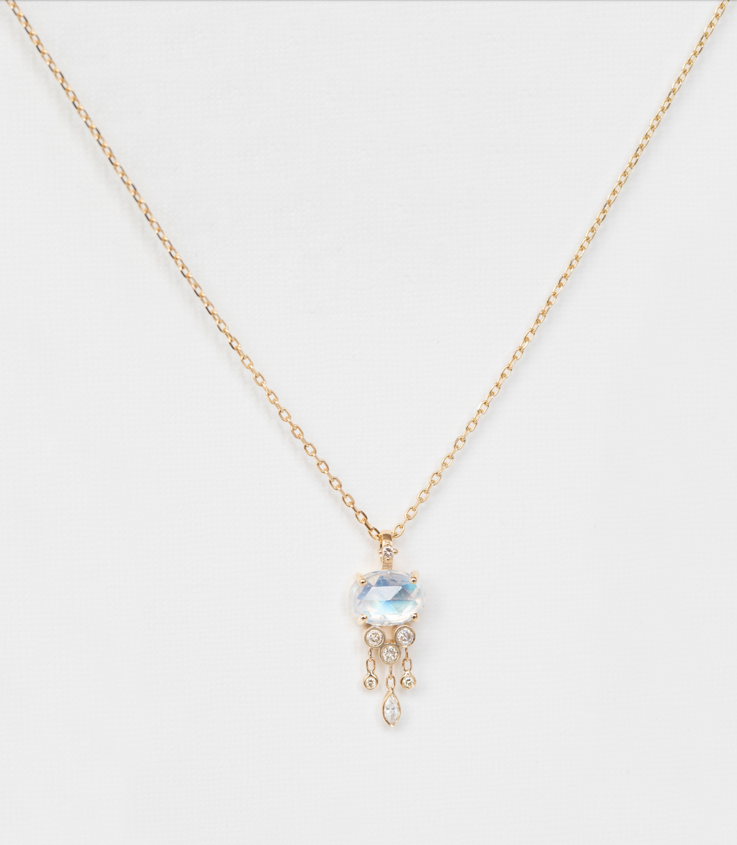 14k Gold Moonstone Dangling Diamond Jellyfish Necklace