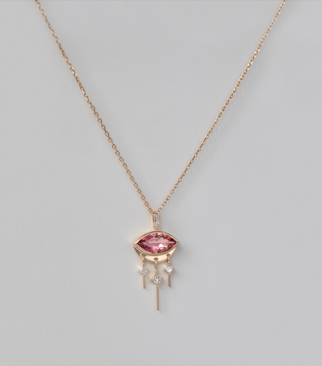 Celine Daoust Pink Tourmaline Marquis Eye & Dangling Diamond Necklace