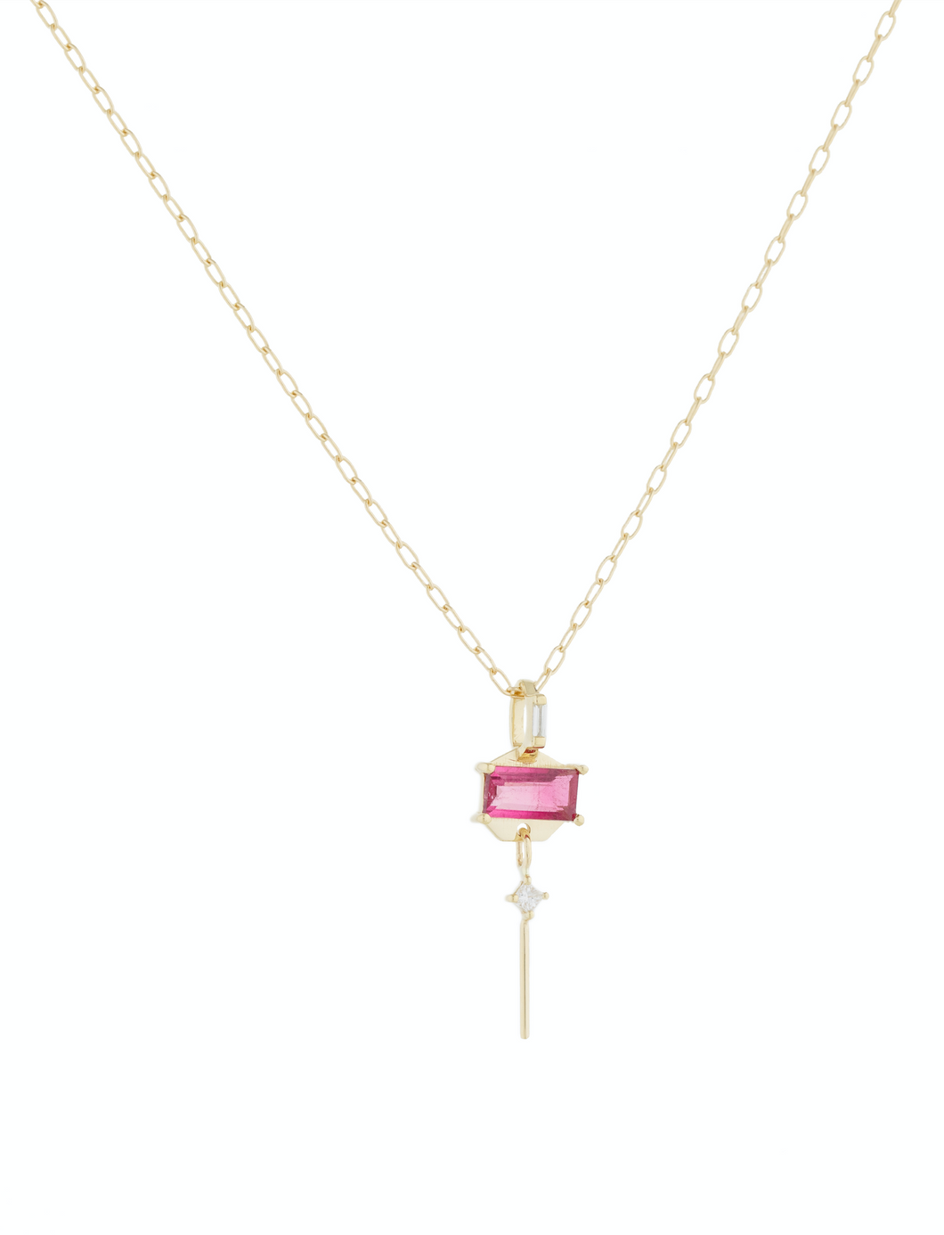Celine Daoust Pink Tourmaline, Baguette, & Dangling Diamond Necklace
