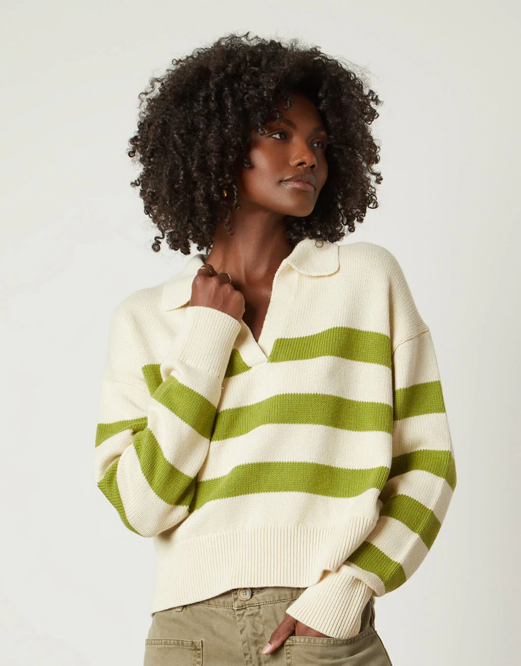 Velvet Lucie Striped Polo Sweater Cream/ Lime